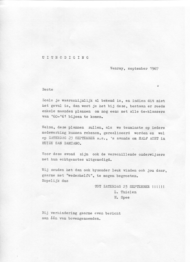 De uitnodiging van 1967 (nog gemaakt met typemachine!!)